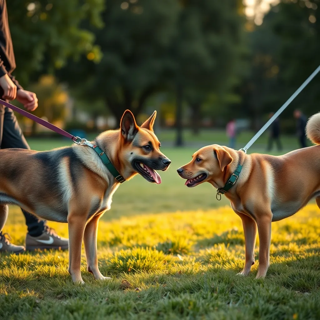 Two male dogs meeting on leash, illustrating inter-male reactivity that may be influenced by hormonal factors