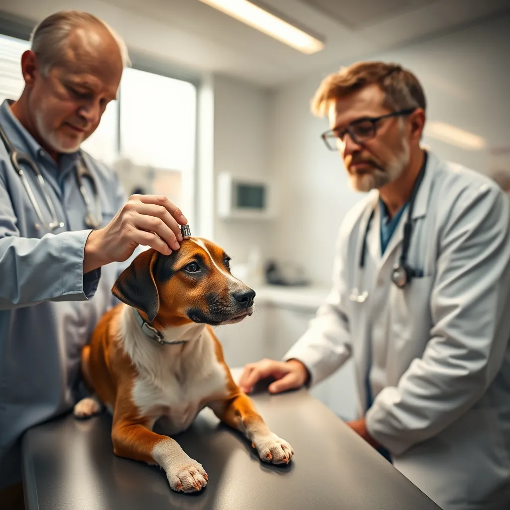 A veterinarian explaining the chemical castration implant option to a dog owner during a behavioral consultation