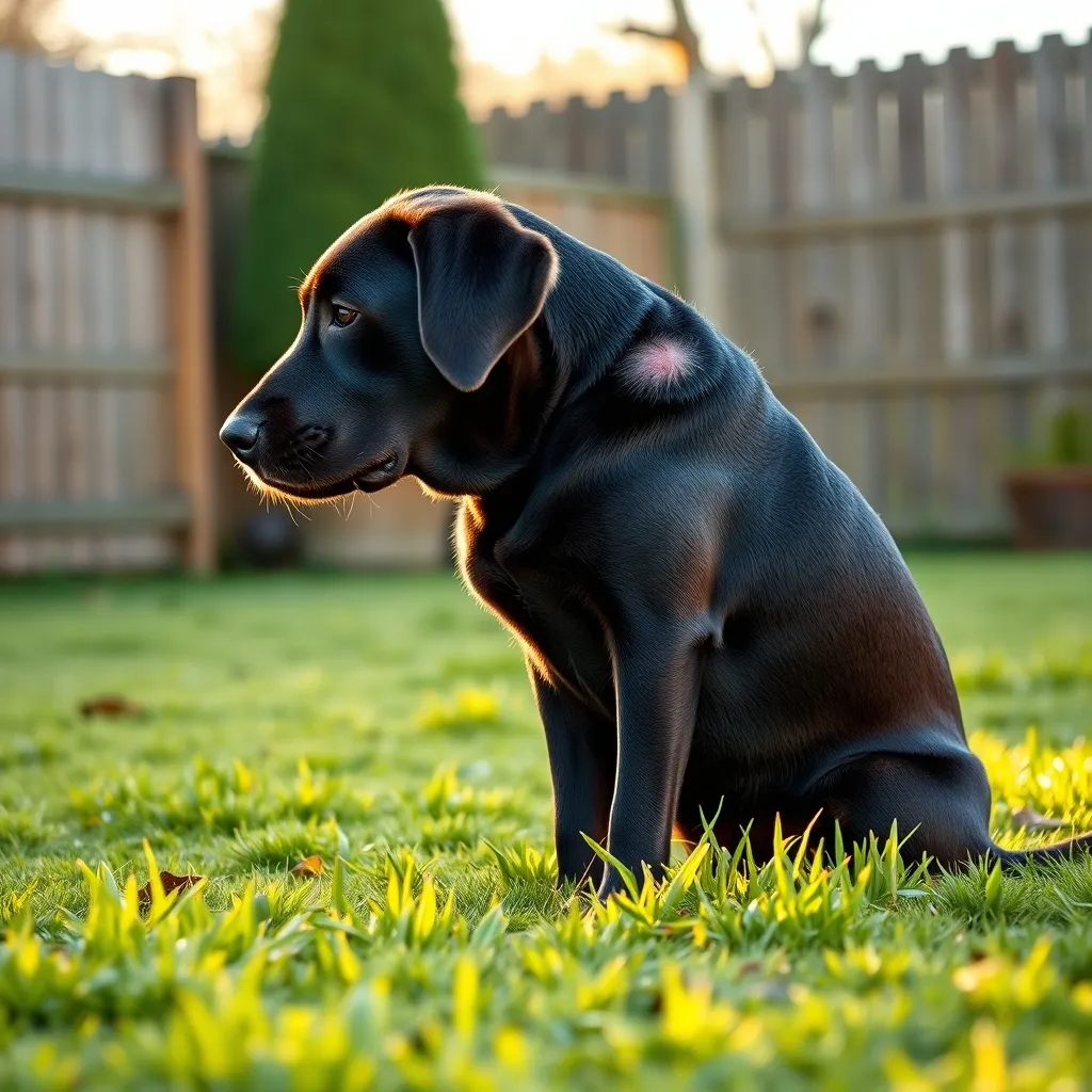 A Labrador Retriever scratching its ear in a garden, a common sign of environmental allergies in dogs