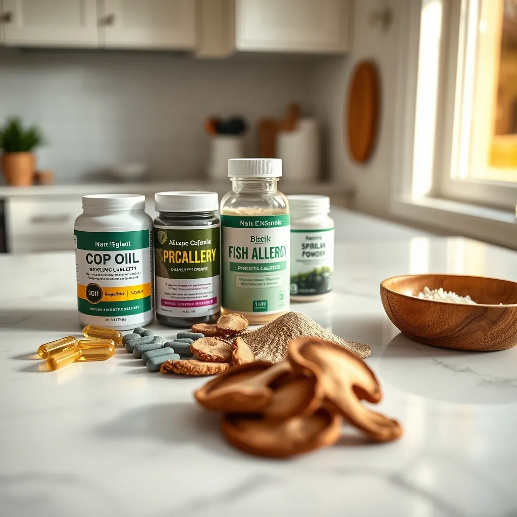 Natural dog allergy relief supplements including fish oil capsules, probiotics and spirulina arranged on a kitchen counter