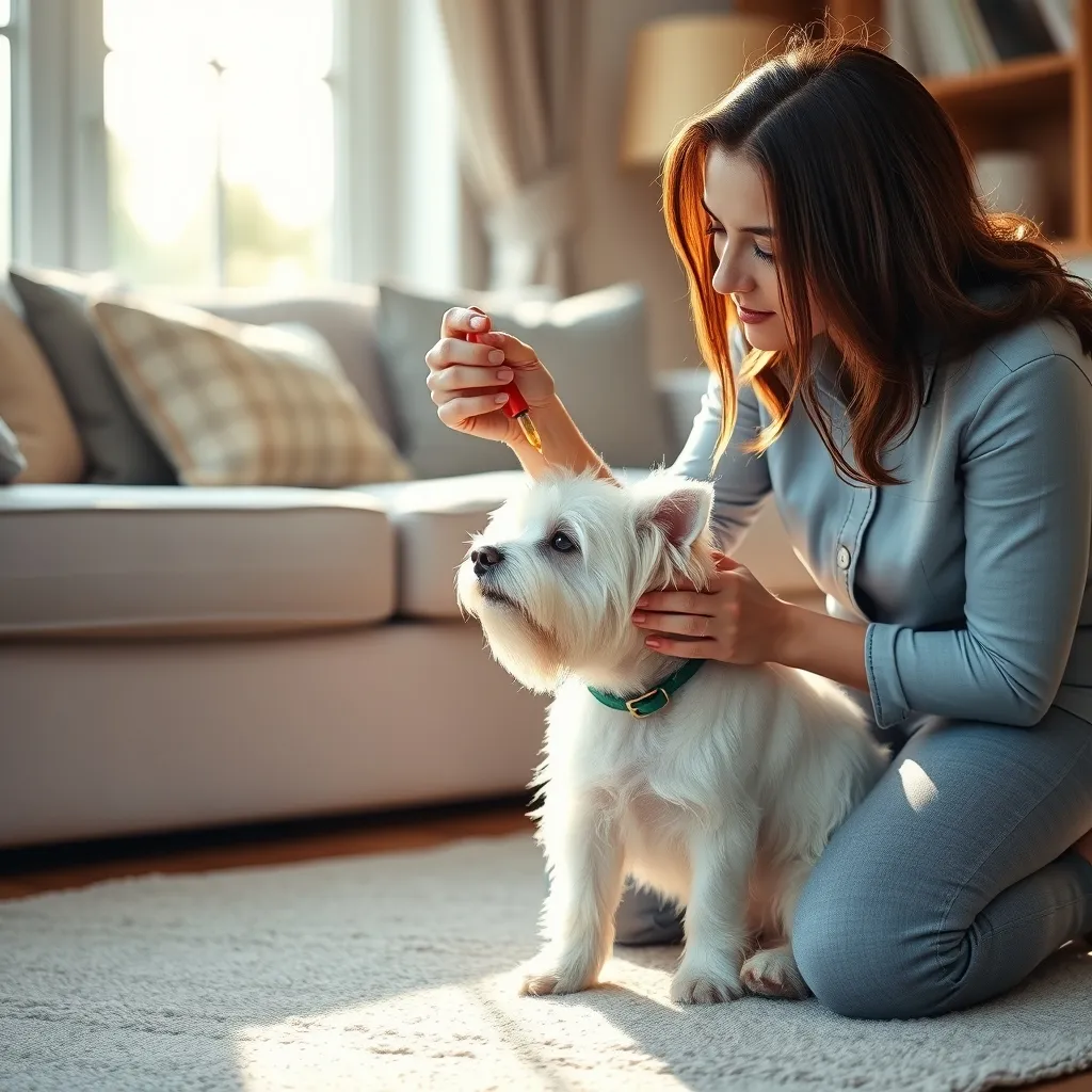 An owner administering a liquid allergy supplement to a West Highland Terrier at home