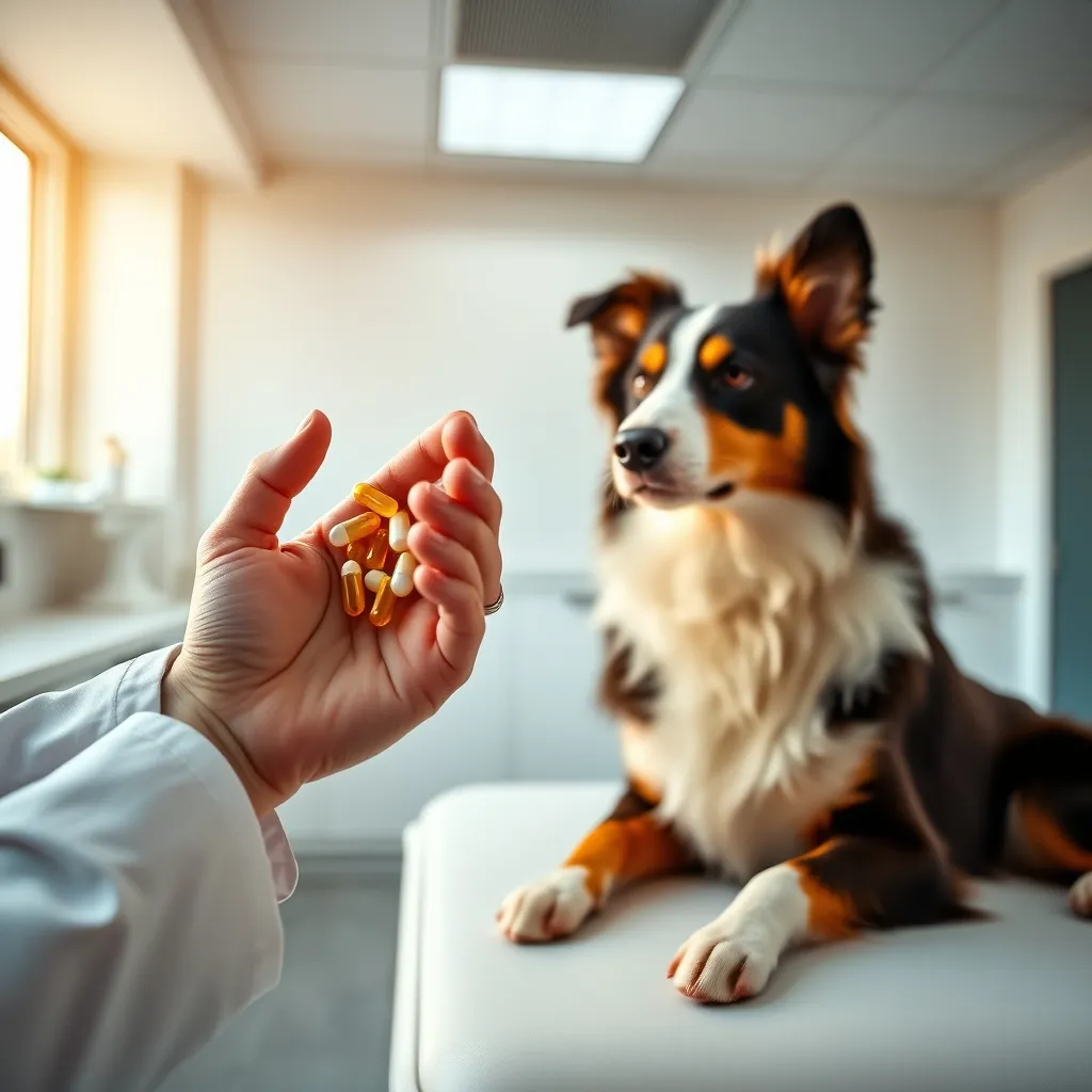 Veterinary professional showing probiotic supplements during a digestive health consultation