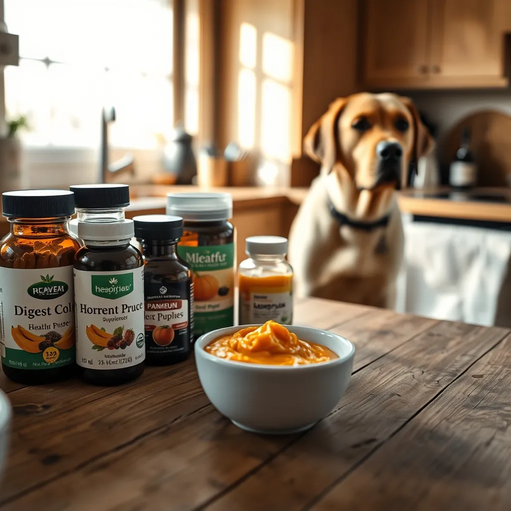 Selection of canine digestive supplements including pumpkin puree as a natural fibre source