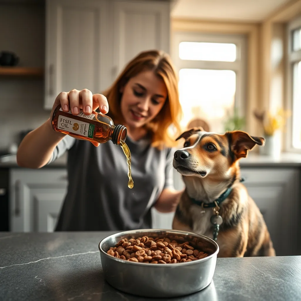 Adding omega-3 fish oil supplement to a dog's meal for digestive and anti-inflammatory benefits