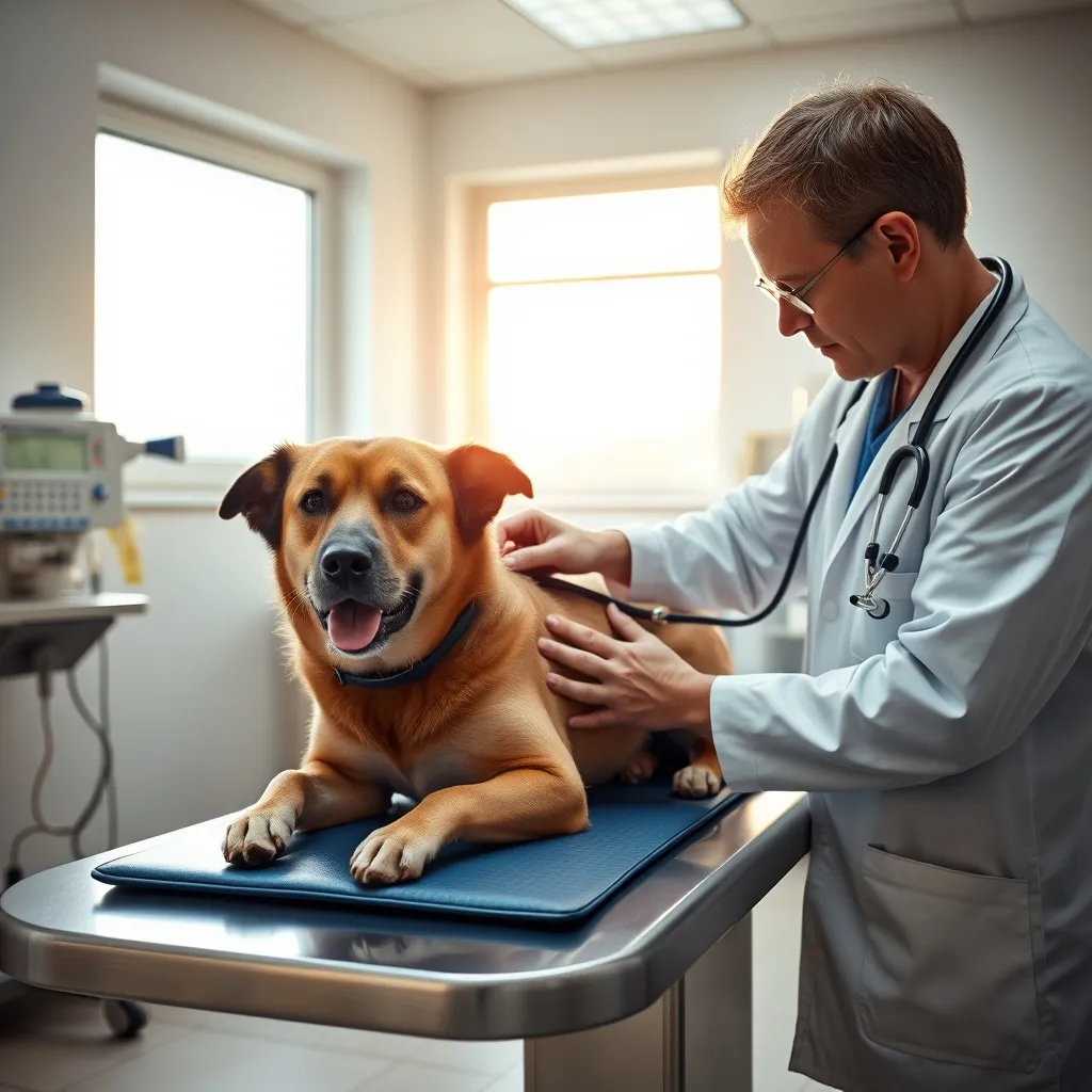 A veterinarian performing a routine health check on a medium-sized dog