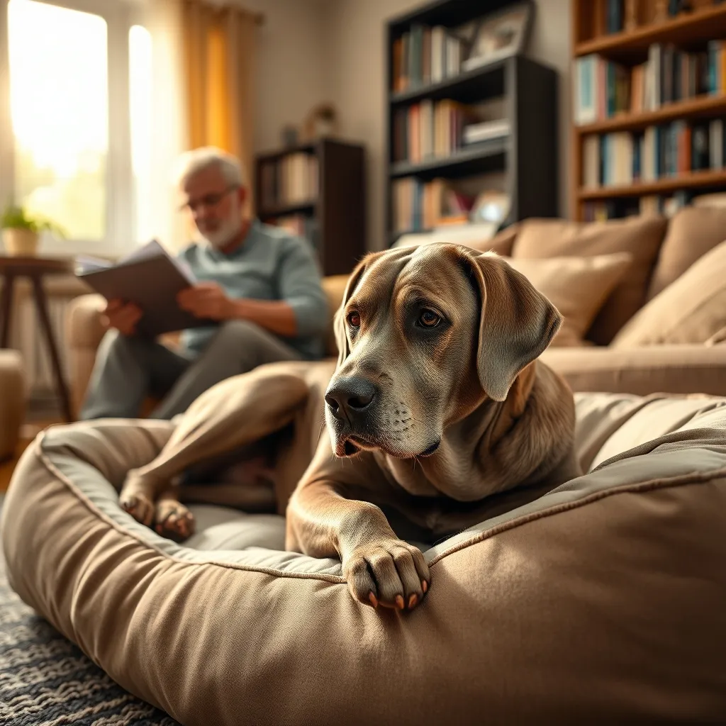 A senior Labrador at home while its owner compares insurance options online