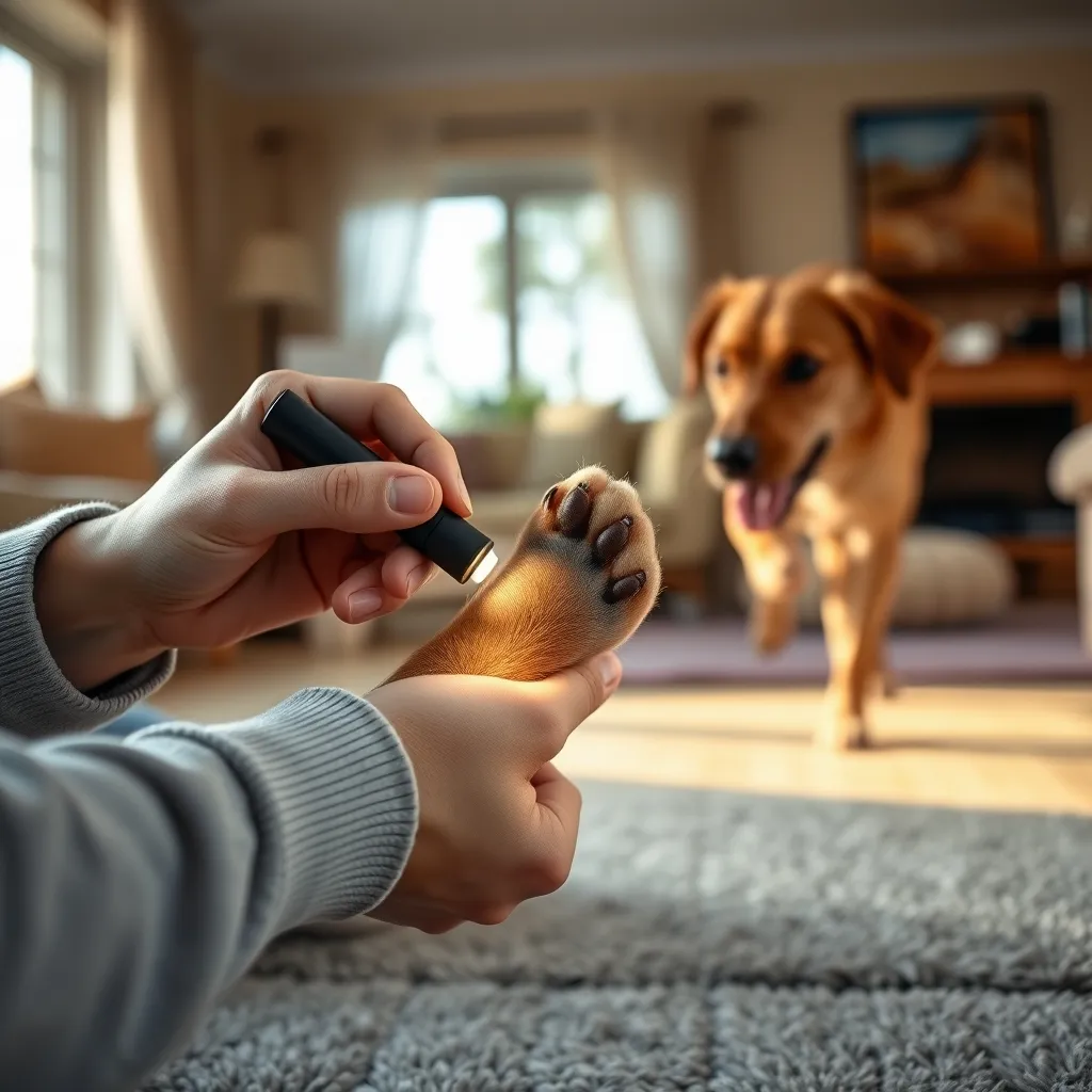 Inspecting a dog's dark nails with a pen light to locate the quick before trimming