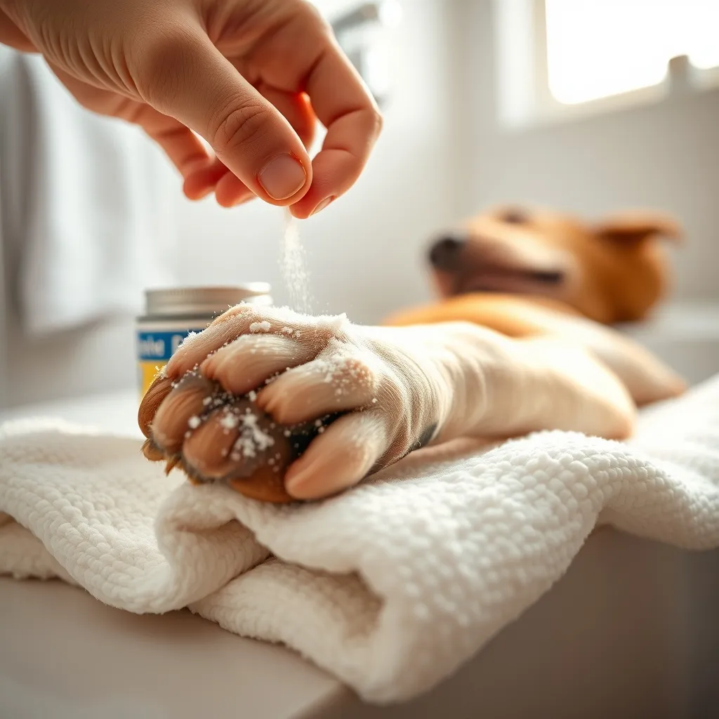 Applying styptic powder with firm gentle pressure to stop a dog nail from bleeding