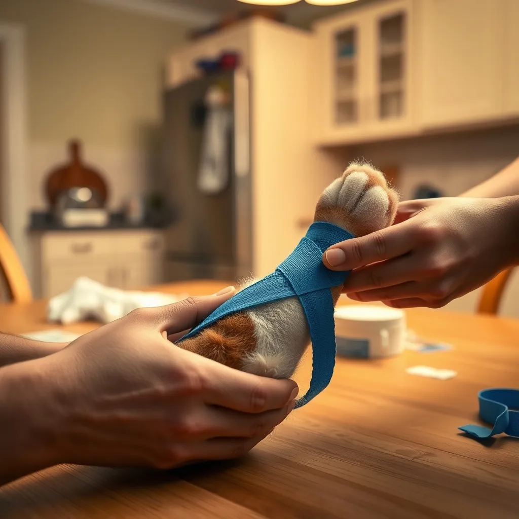 Wrapping a dog's paw with cohesive bandage to protect a treated nail injury