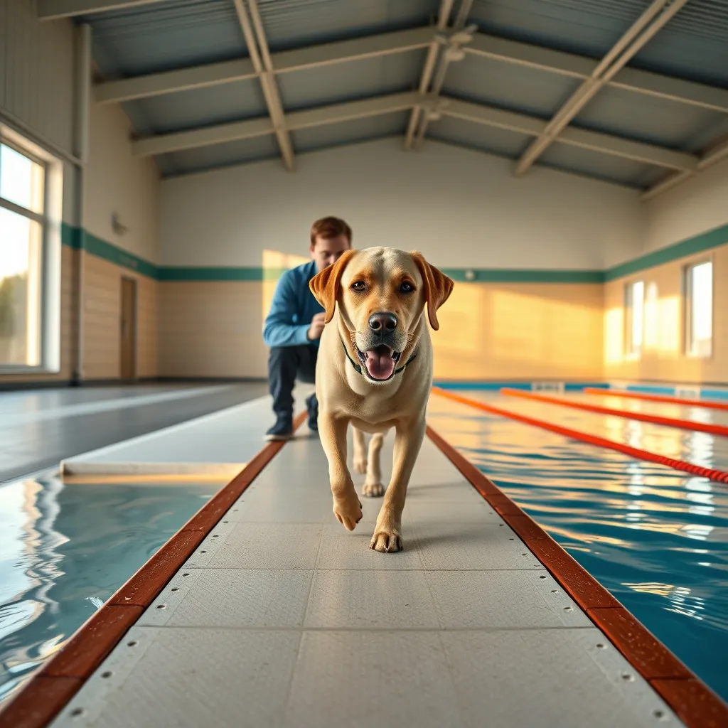 A Labrador gains water confidence using a gradual entry ramp during its first dog swimming class