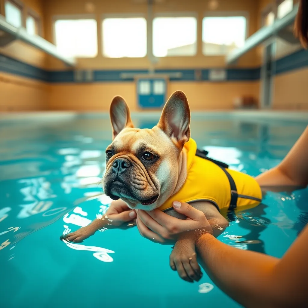 A French Bulldog swims safely with a fitted life jacket and one-to-one instructor support