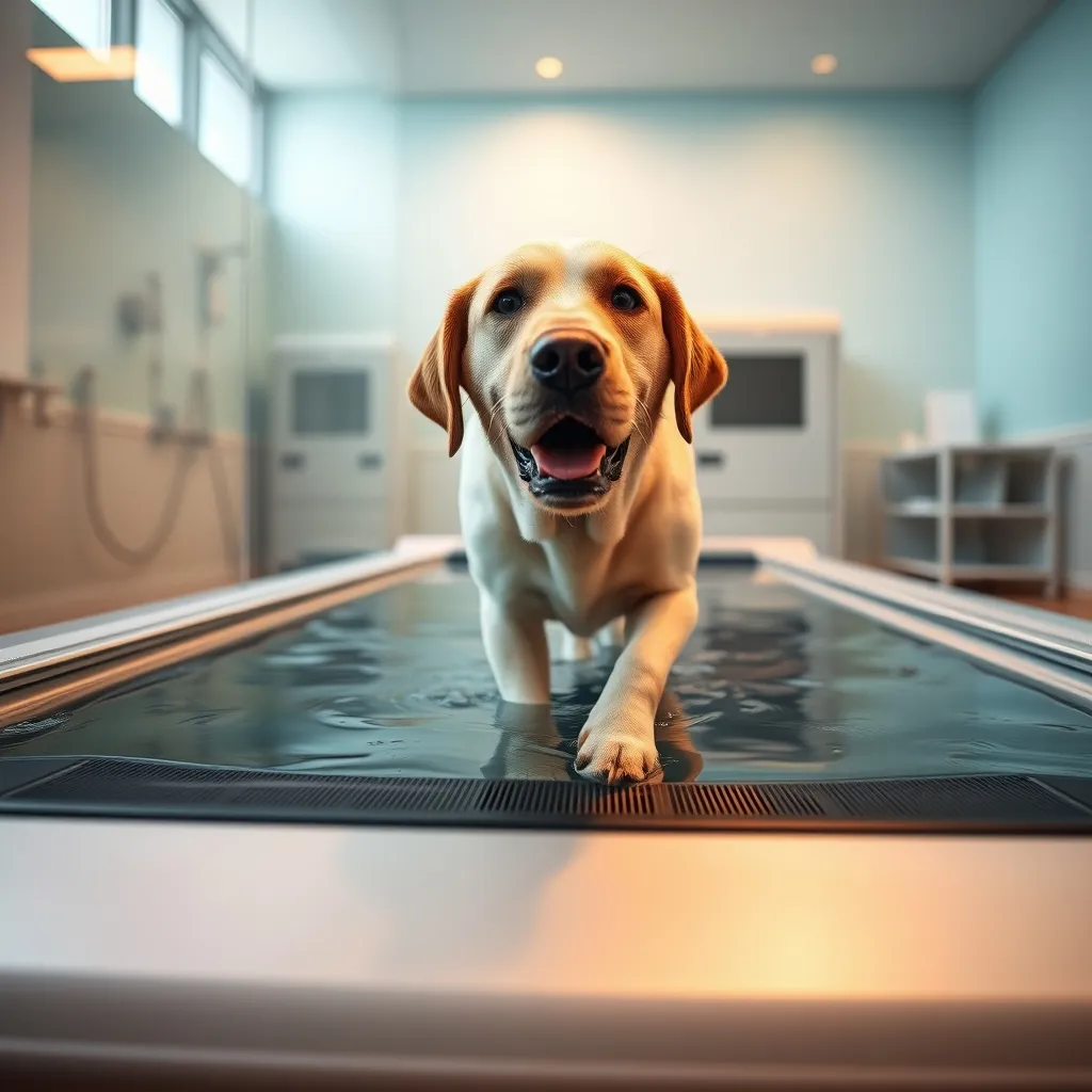 A Labrador uses an underwater treadmill during a controlled hydrotherapy rehabilitation session