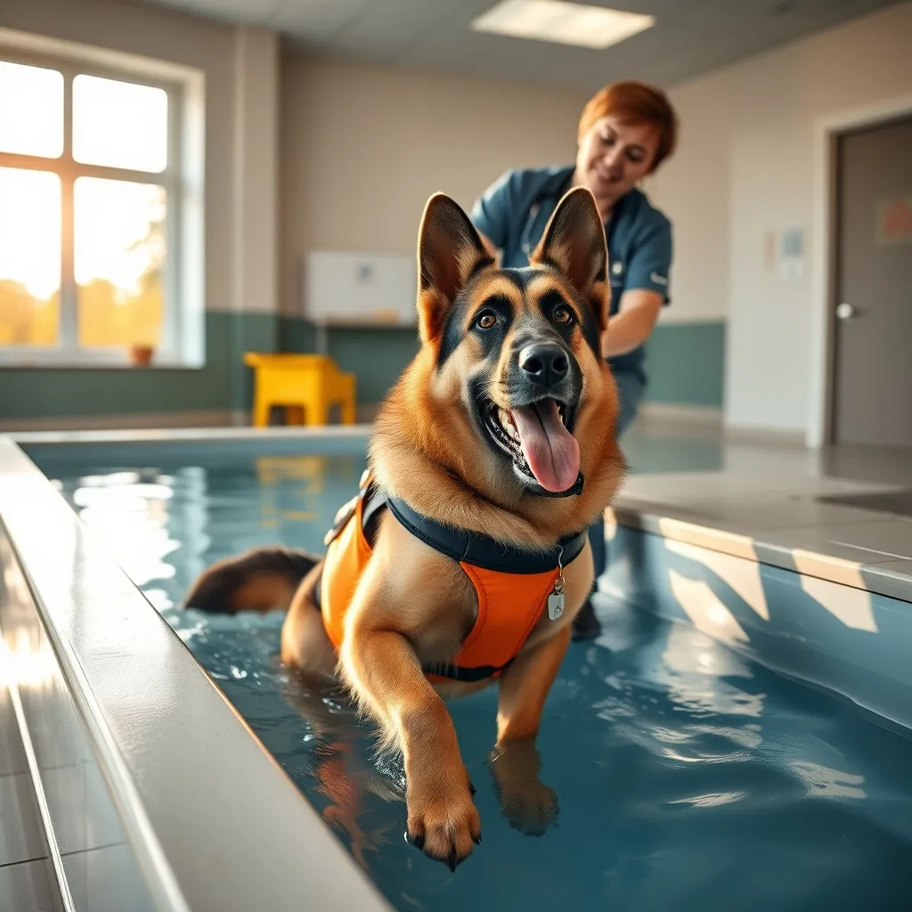 A senior German Shepherd is carefully introduced to the hydrotherapy pool with the support of a certified therapist