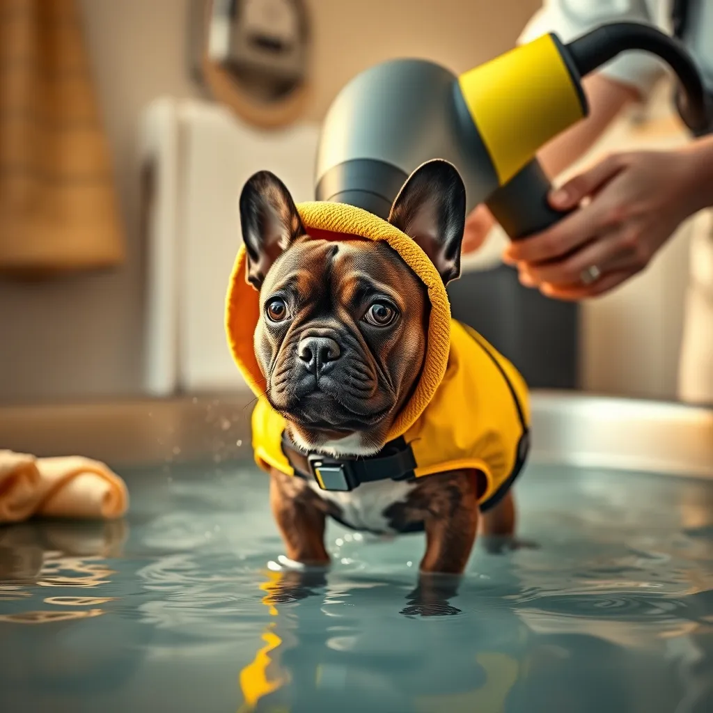 A French Bulldog is carefully dried after completing a hydrotherapy session at a rehabilitation centre