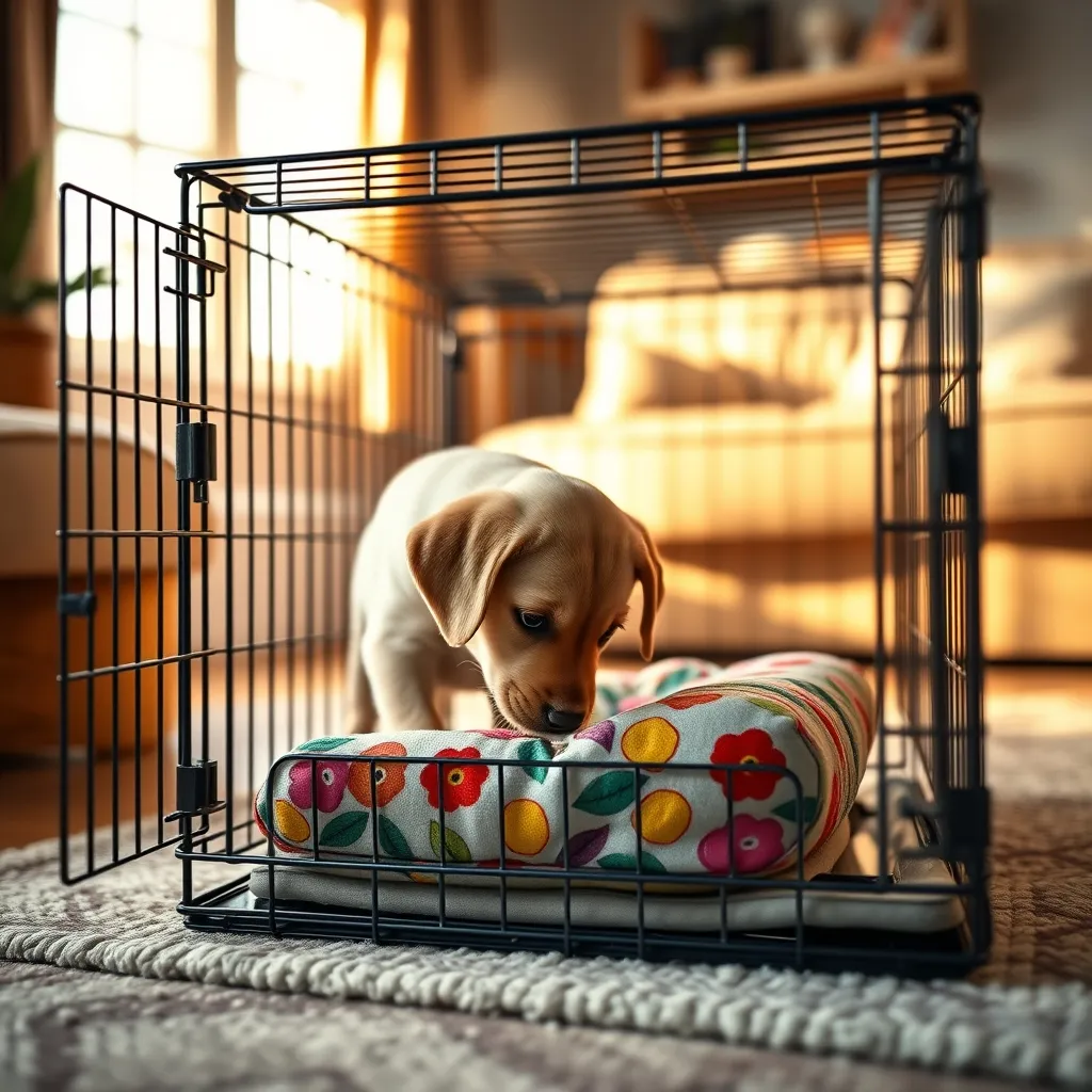 A Labrador puppy exploring a snuffle mat placed inside an open wire crate