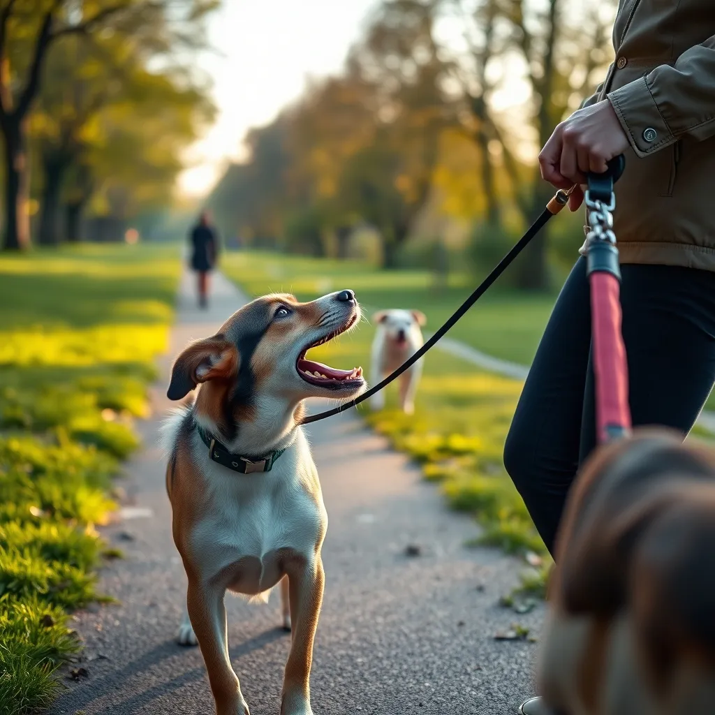 A dog displaying typical leash reactivity with tense body language and focused attention on a distant trigger