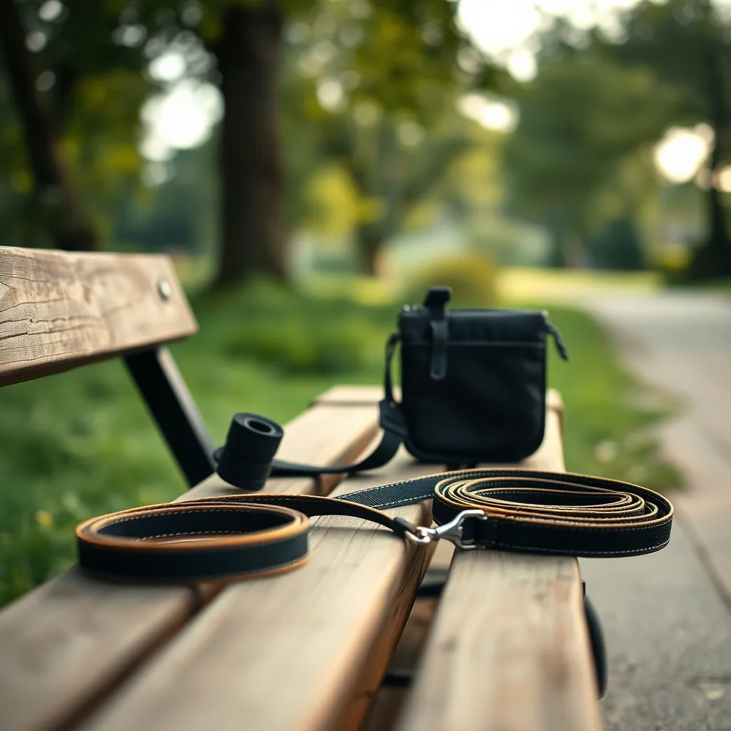 Essential leash training equipment including a front-clip harness, long training lead, and treat pouch