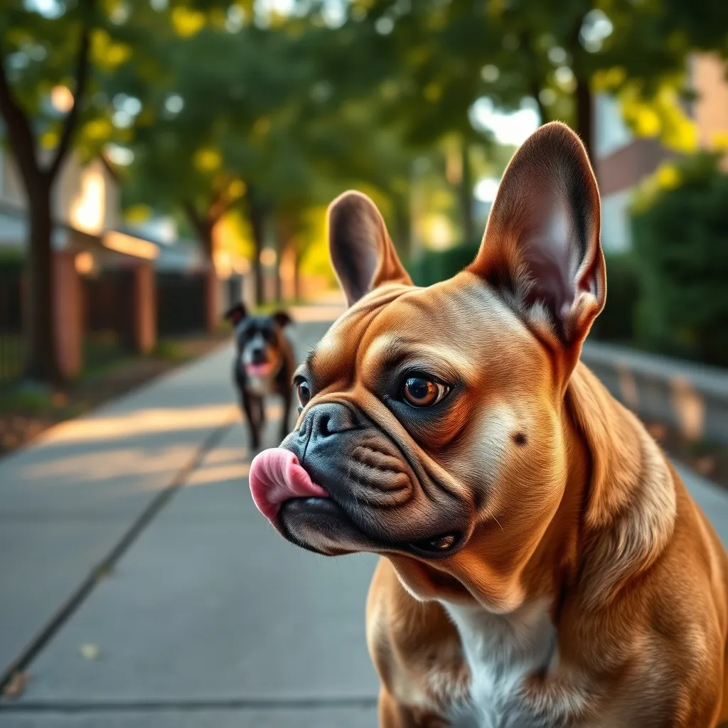 A French Bulldog displaying early stress signals such as lip licking when another dog approaches