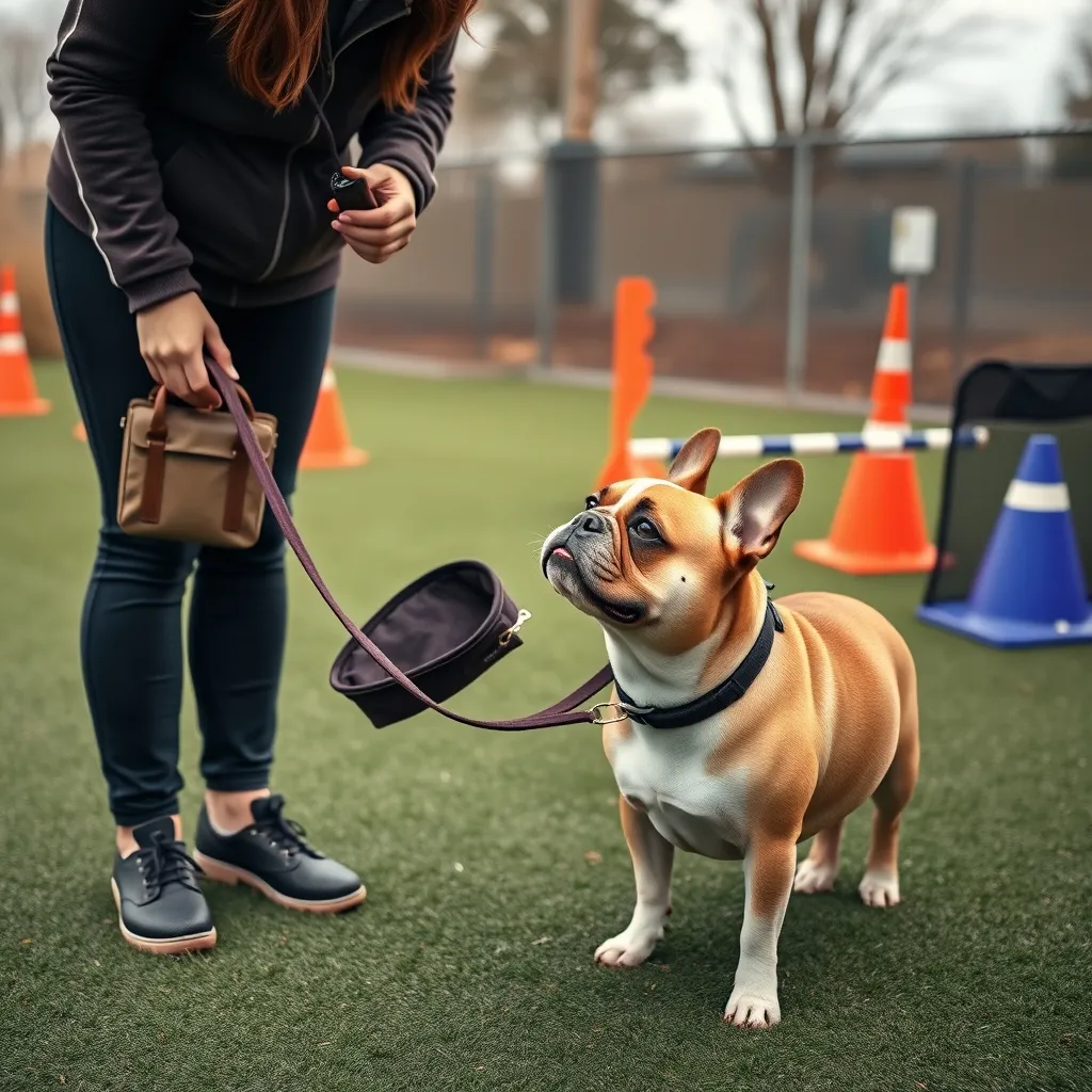 A certified trainer using positive reinforcement techniques with a French Bulldog in a controlled setting