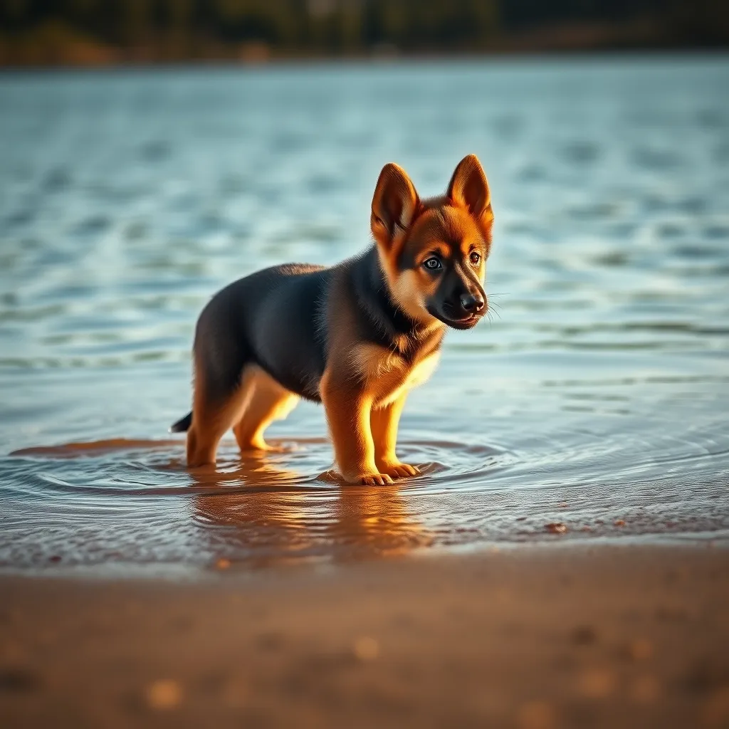 A young German Shepherd puppy cautiously exploring shallow water at the lake shore