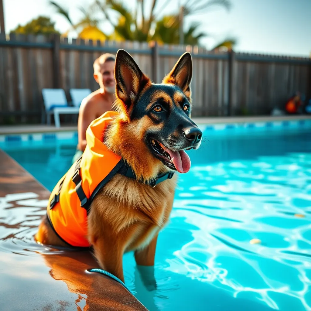 A German Shepherd fitted with an orange life jacket preparing for a supervised pool session