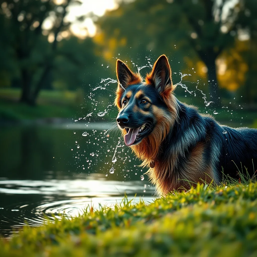 A German Shepherd shaking off water on a grassy riverbank after an energetic swim