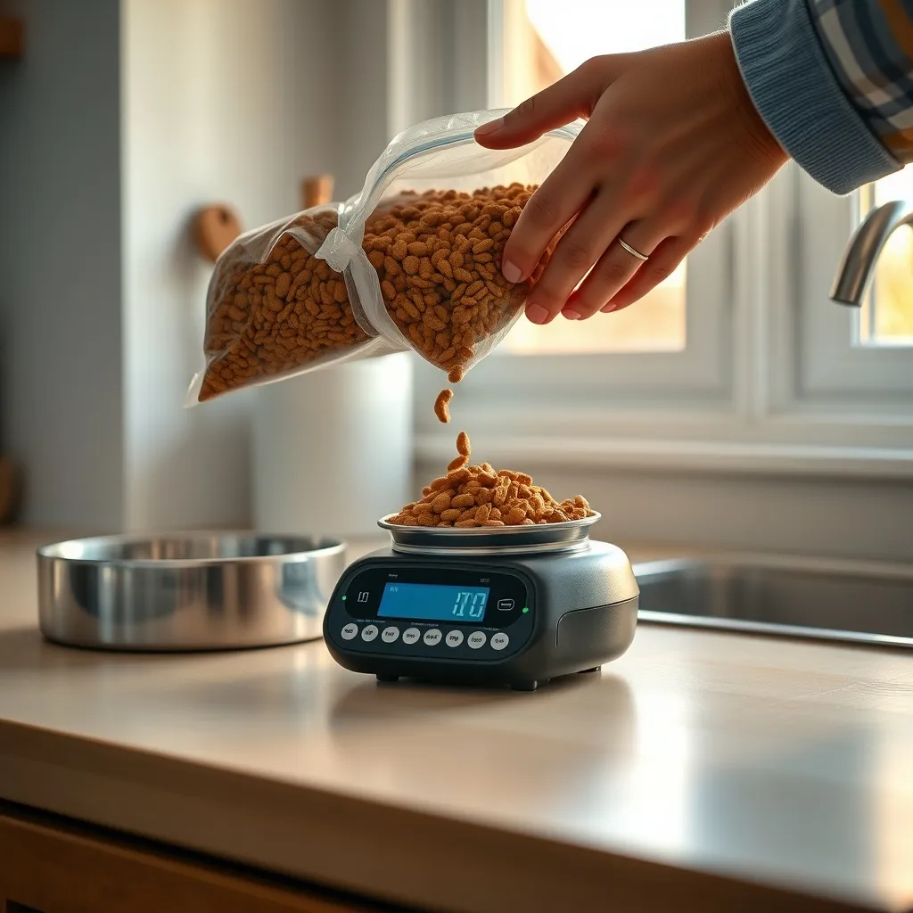 Weighing dog food portions on a kitchen scale ensures precise calorie control during a weight management programme