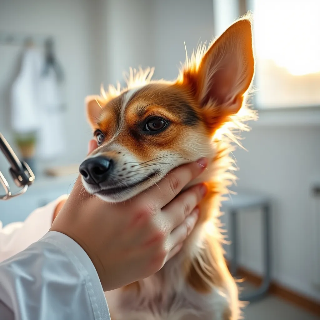 A veterinarian inspects a terrier's coat during a routine parasite check at the surgery