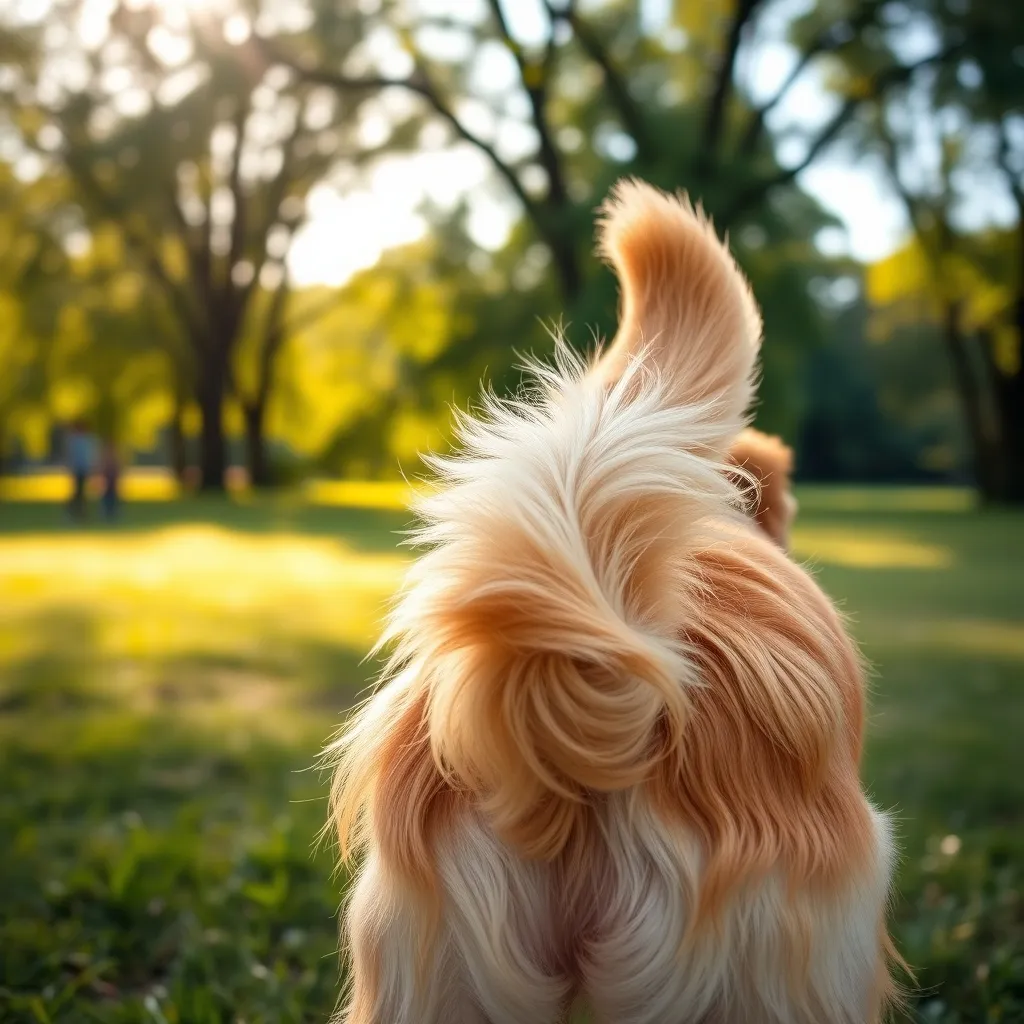 A Golden Retriever's tail wagging at a relaxed neutral height, indicating a friendly and comfortable emotional state