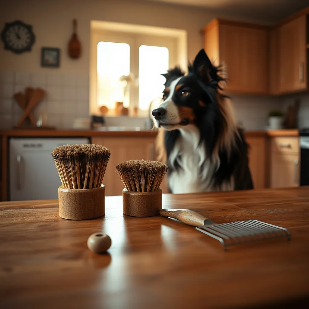 Three essential grooming tools: slicker brush, bristle brush and undercoat rake