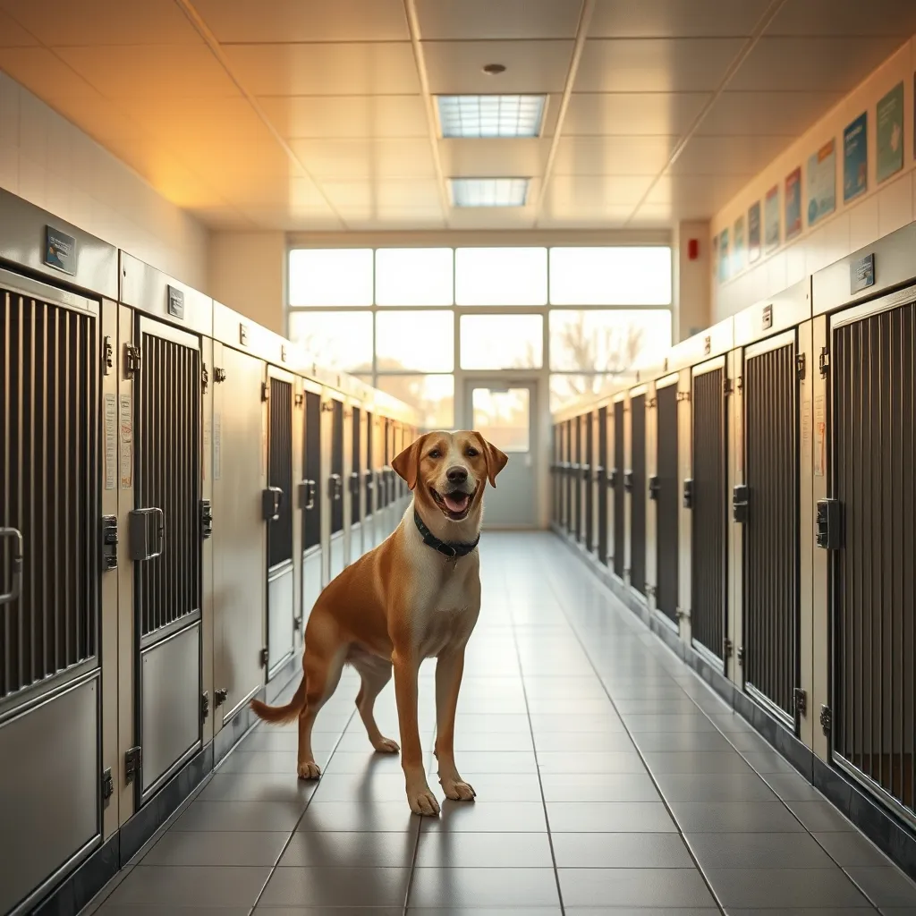 A hopeful Labrador mix waits in a well-maintained rescue centre kennel for a new family