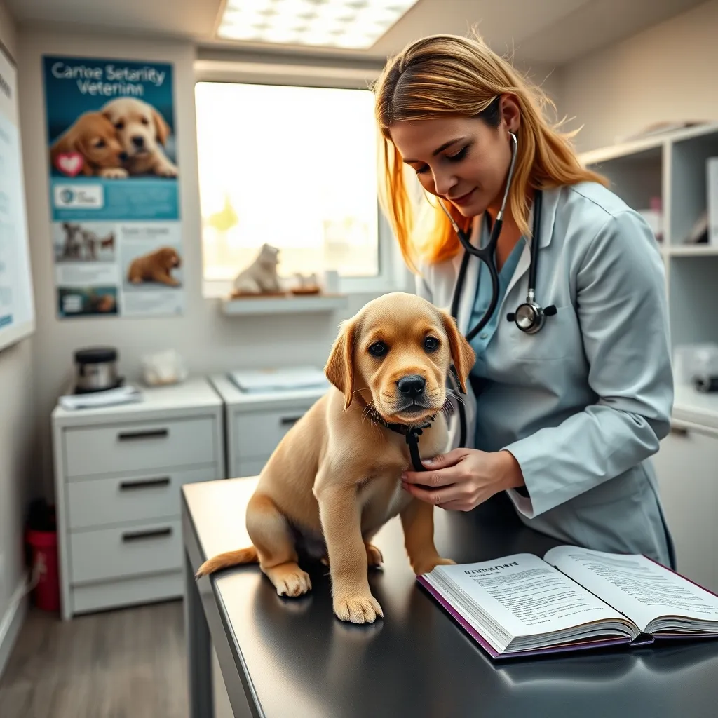A veterinarian conducting a thorough health check before administering the puppy's second vaccination dose