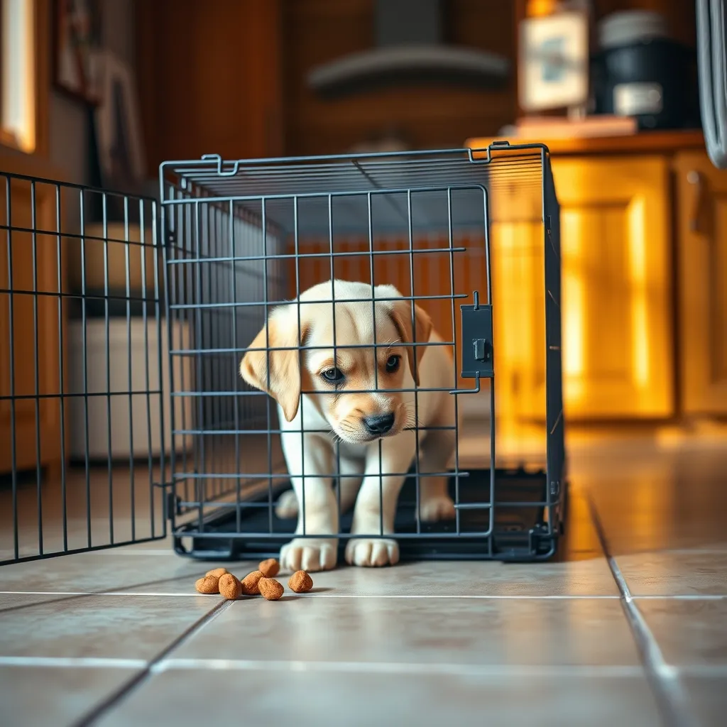 A curious puppy exploring a new crate with treats placed near the door to encourage investigation