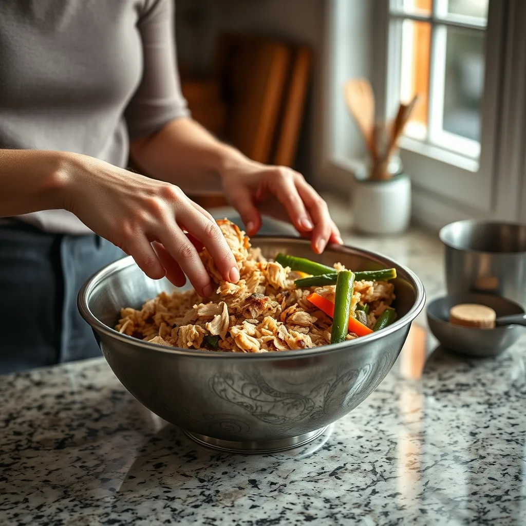 Mixing shredded chicken with brown rice and steamed vegetables for a balanced homemade dog meal