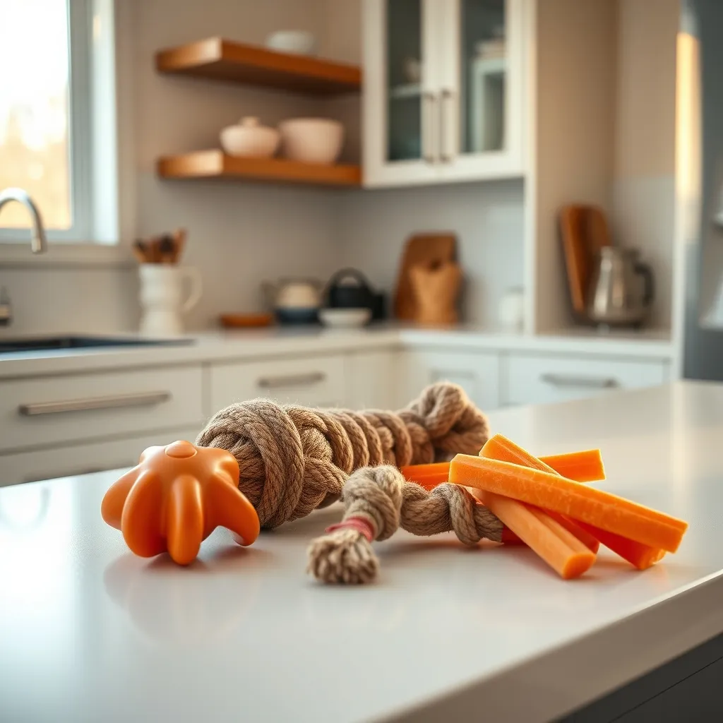 A selection of safe puppy teething toys and frozen treats arranged on a kitchen counter for easy rotation