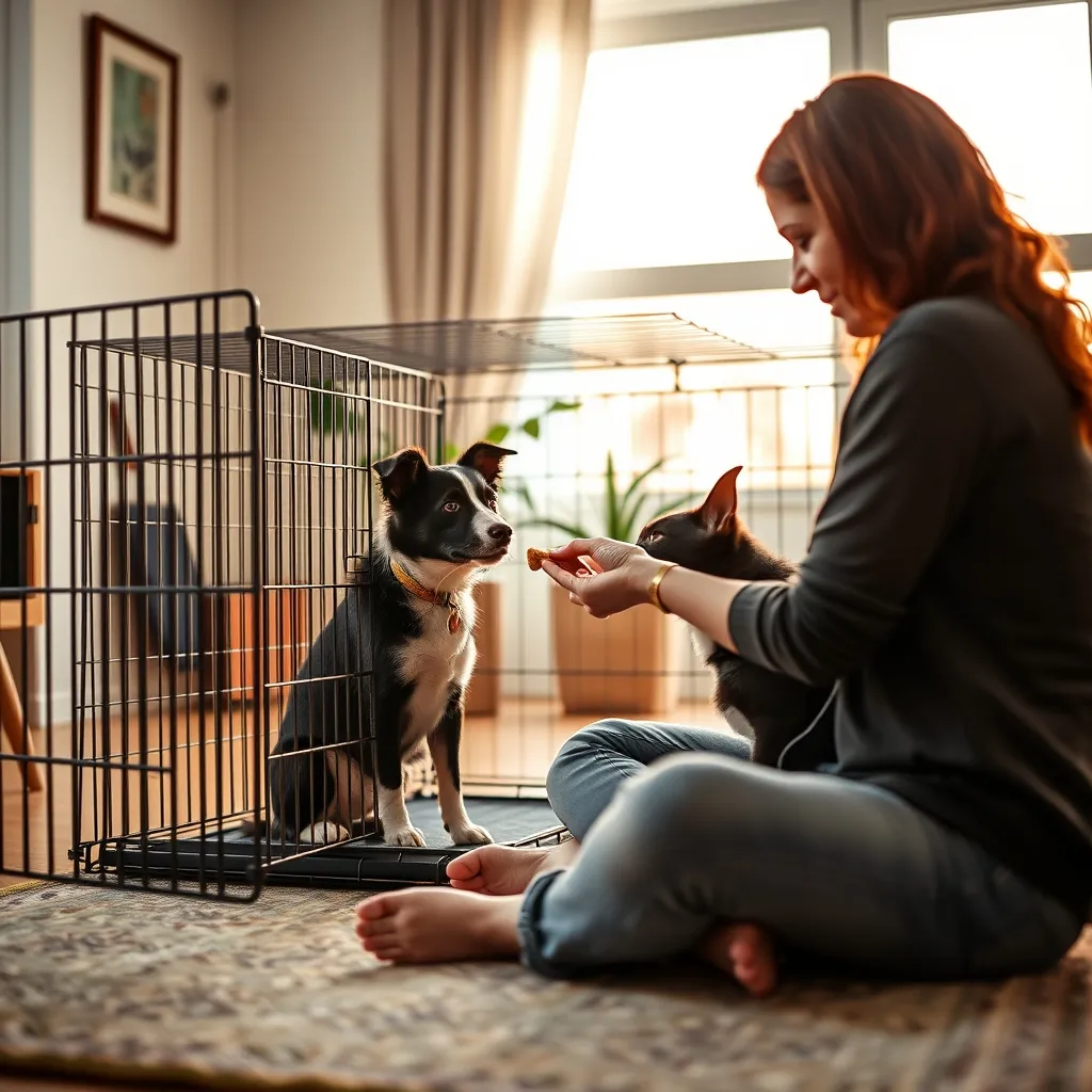 An owner building positive crate associations by hand-feeding treats during a training session