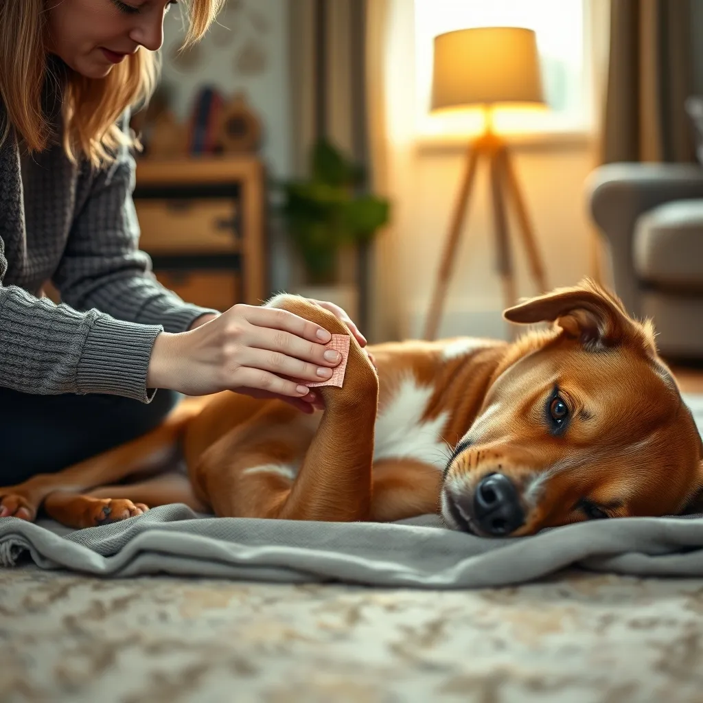 Applying a light bandage to a dog's paw using proper wound-care technique