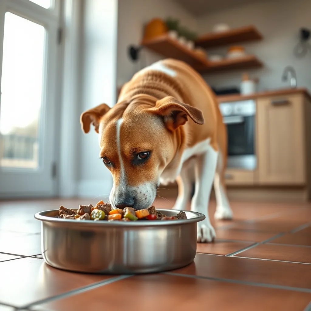 A dog enjoying a freshly prepared beef and vegetable homemade meal from a stainless steel bowl