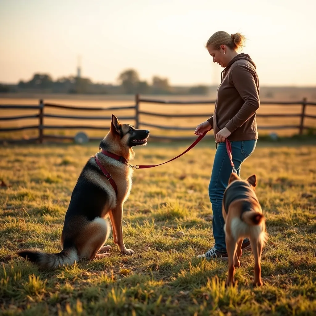 A trainer practicing desensitization at a safe distance from a trigger dog