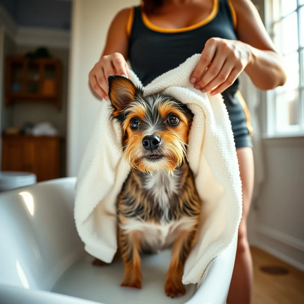 Blotting with an absorbent towel rather than rubbing helps protect the coat and skin after bathing