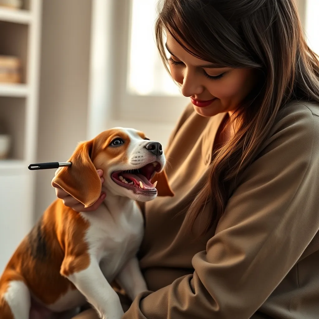 An owner gently checking her puppy's gums and emerging teeth during a routine at-home dental inspection