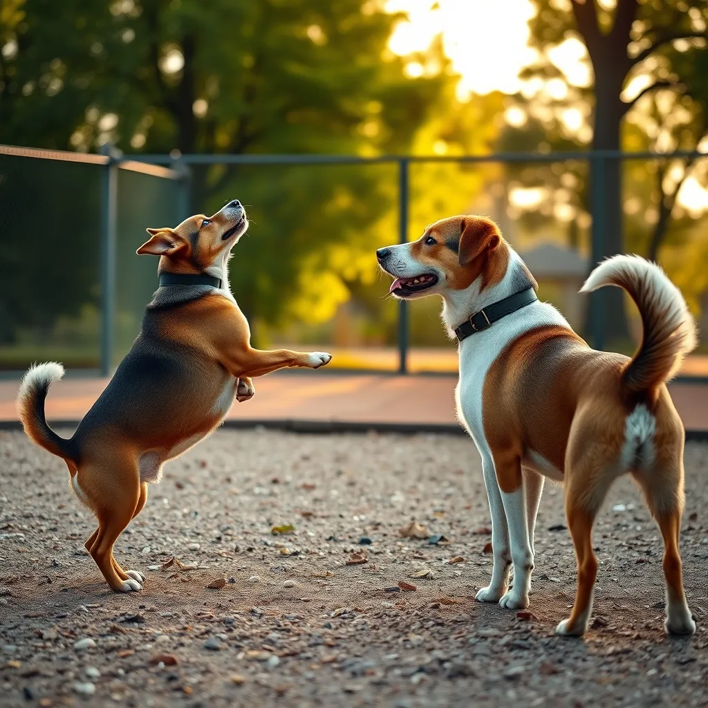 Two dogs greeting at a park, one offering a play bow to invite friendly interaction while the other responds with relaxed body language