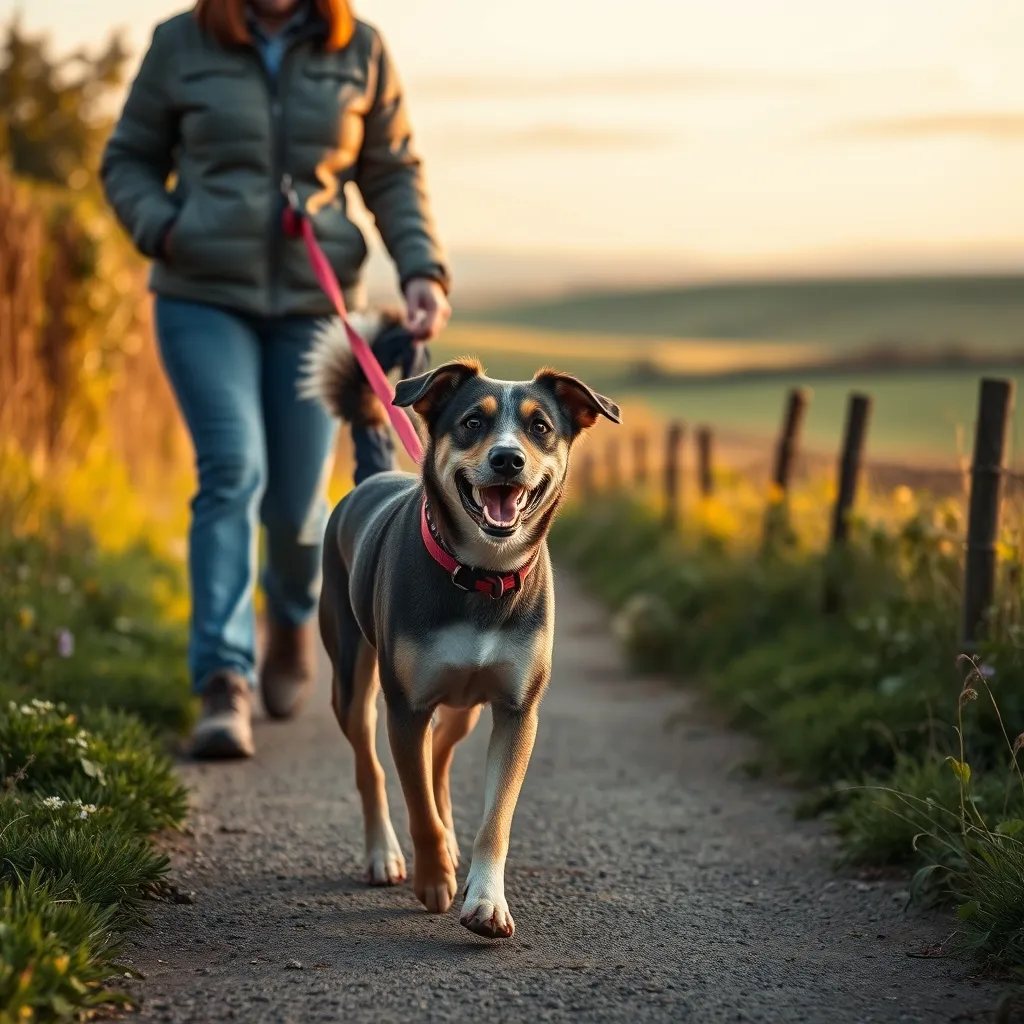 A confident rescue dog enjoys a relaxed countryside walk after settling into its new home