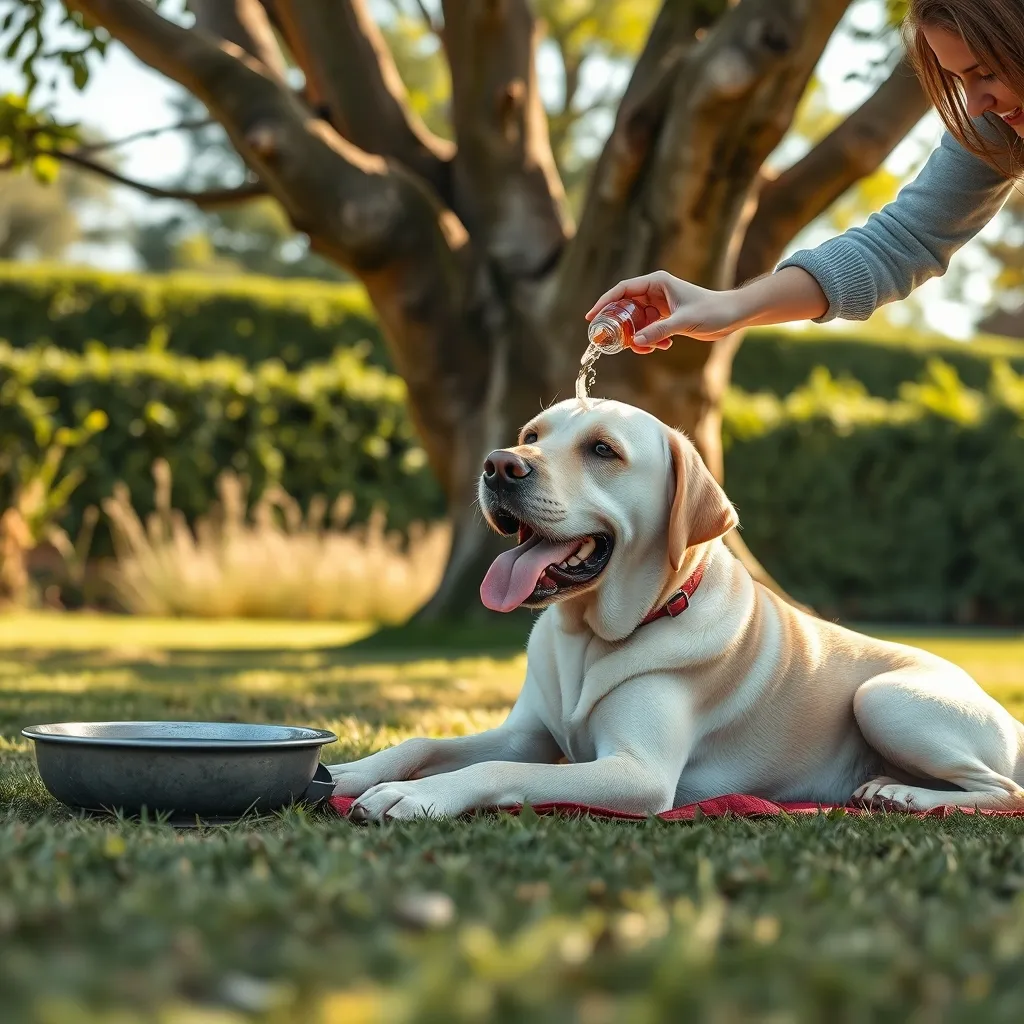 Cooling a dog showing early signs of heatstroke by applying cool water to the neck area