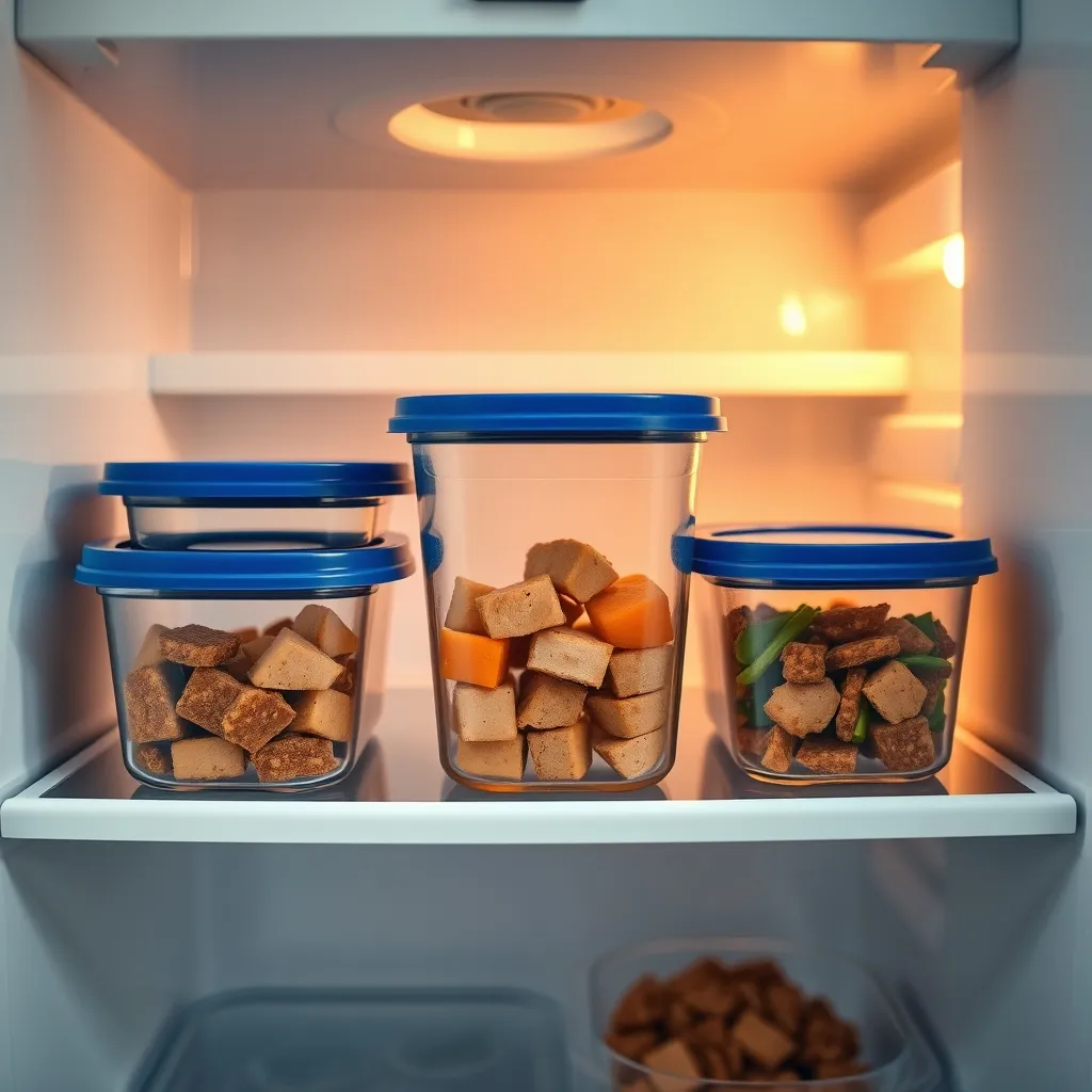 Portioned homemade dog food stored in glass containers ready for the refrigerator or freezer