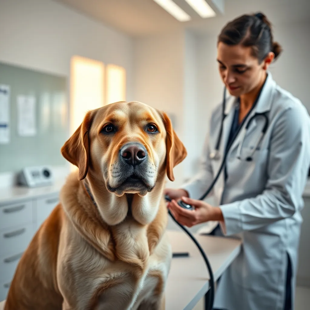 A senior Labrador receiving a routine veterinary check-up, an essential step before choosing pet insurance