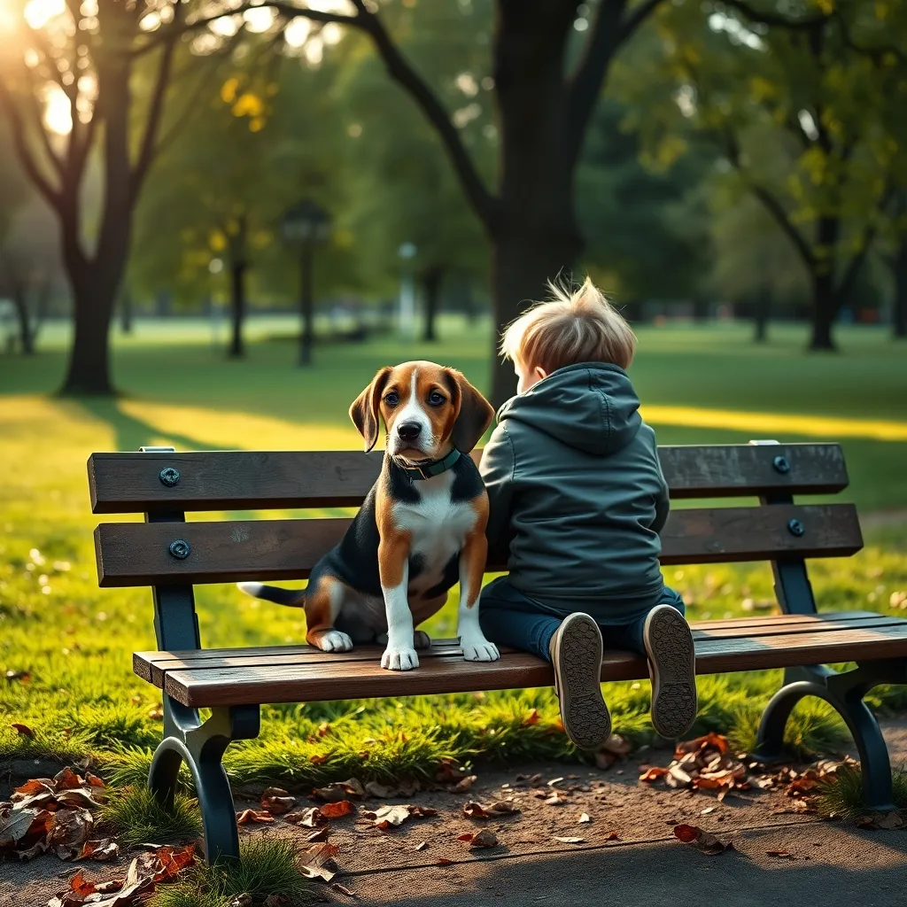 A Beagle puppy and young child sharing a quiet moment on a park bench