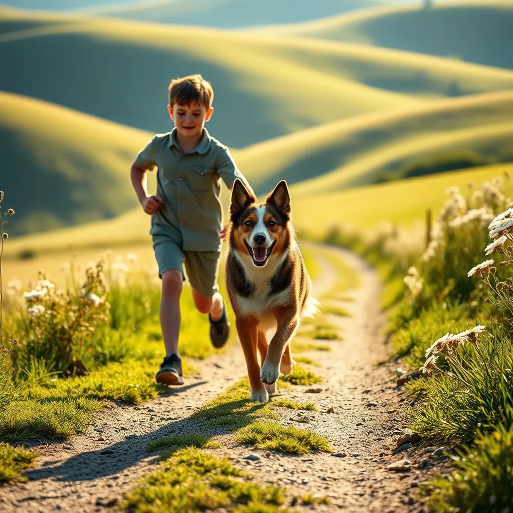 An energetic Australian Shepherd running alongside a teenager on a countryside trail