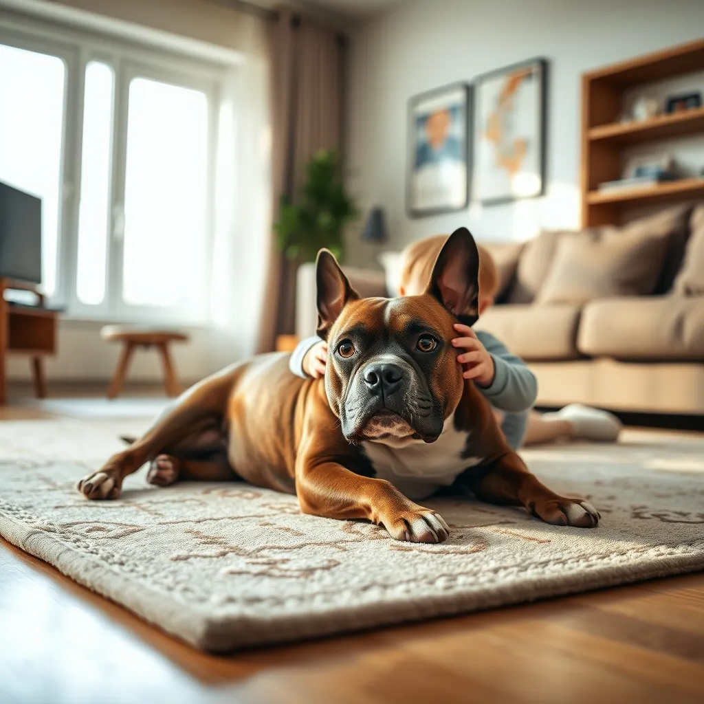 A gentle Staffordshire Bull Terrier relaxing with a toddler in a cozy living room