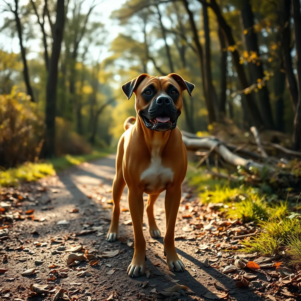 A Boxer showing off its athletic build on a morning trail walk